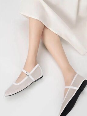 White Mesh Mary Jane Flats with Buckle Strap